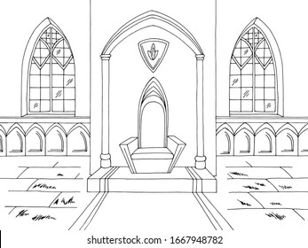 Throne room graphic castle interior black white medieval sketch illustration vector