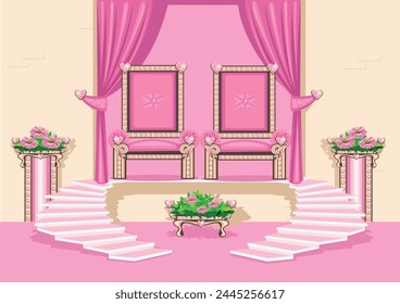 Throne room with a pink throne for a beautiful princess, decorated with pink heart-shaped gemstones. Interior of the princess's castle. Vector illustration of a fairytale throne room interior.