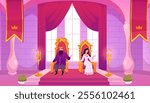 Throne room. Royal Palace. The king and queen are sitting on a golden throne. Medieval castle with columns, flags, pedestal, candles and red canopy. Cartoon style Horizontal banner Vector illustration