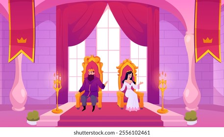 Throne room. Royal Palace. The king and queen are sitting on a golden throne. Medieval castle with columns, flags, pedestal, candles and red canopy. Cartoon style Horizontal banner Vector illustration