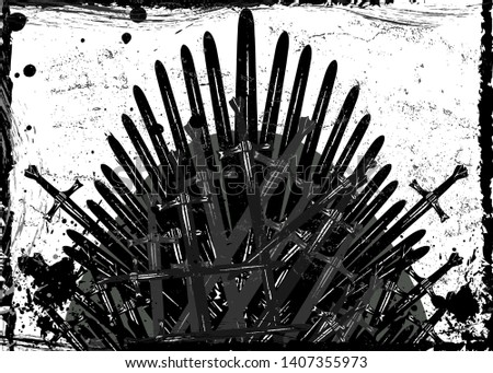 Thrones fantasy concept. Hand drawn iron throne of Westeros made of antique swords or metal blades. Ceremonial chair built of weapon dark brush texture background. Vector frame grungy design element