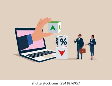 Through computer hand businesspeople connect cube block with percentage symbol icon. Interest, financial and mortgage rates. 