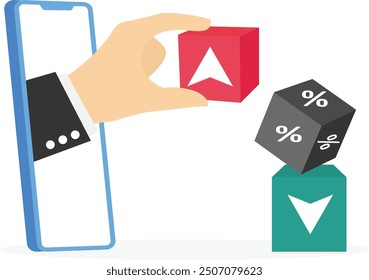Through computer hand businesspeople connect cube block with percentage symbol icon. Interest, financial and mortgage rates.

