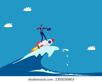 Through the crisis with innovation. Businessman surfing ocean waves with rocket