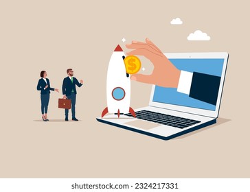Through the digital computer Businessman hand and business team put money coin into innovative rocket to launch company. Vector illustration