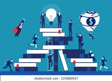 Through education and learning to success concept. Many business people climbing the career ladder made out of book in Different ways isolated on blue background. Vector illustration, Minimalist style