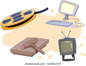 Through film, computer, court, television Illustration representing the medium