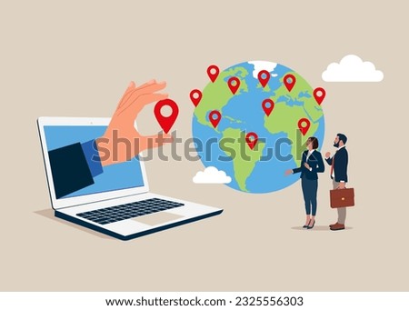 Through the laptop Business team put new branch pin on world map across globe. Flat vector illustration