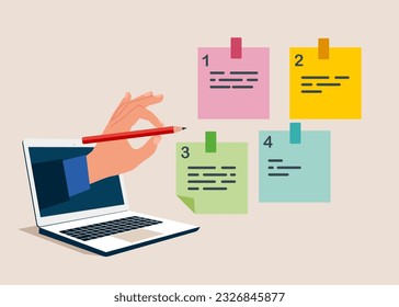 Through the laptop businessman holding pencil categorized sticky notes. Sorting important or urgency tasks, prioritize work for project management. Flat vector illustration.