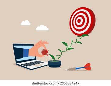 Through the laptop Businessman watering seedling growing darts in flower pot plant growing up as stair. Growth step or career path. Focus on global business goals.