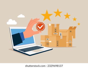 Through the laptop Holding Quality Control to check quality and giving certified. Modern vector illustration in flat style