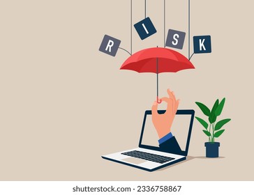 Through the laptop holding red umbrella protects against risk. Protection, safety, danger, protection Idea. Flat vector illustration