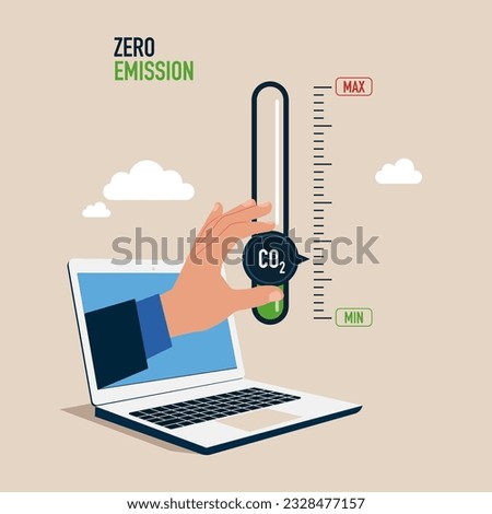 Through the laptop Man turning gauge arrow pointer to lowest level of CO2. New energy to energy and transportation. Zero emission. Vector illustration