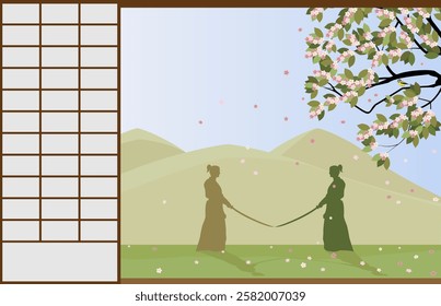 Through the open doors one can see two samurai with swords and a blossoming sakura branch with a tit on it against a spring backdrop of mountains and falling sakura flowers.