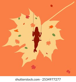 through the outline of a maple leaf, the silhouette of a girl on a swing can be seen against the backdrop of falling autumn leaves