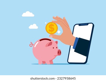 Through the smartphone Hand putting coin a piggy bank money savings. Modern vector illustration in flat style