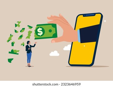 A través del smartphone que sostiene el dinero de los billetes en dólares grandes mientras que la pérdida, el desmoronamiento y la reducción de valor. beneficios y pérdidas en las empresas. Ilustración del vector