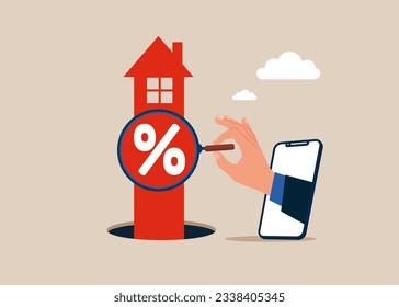 A través del smartphone con lupa para ver la tasa de interés del gráfico porcentual, inmobiliaria, inversión, construcción, crecimiento. Flecha con forma de casa.  Ilustración vectorial plana.