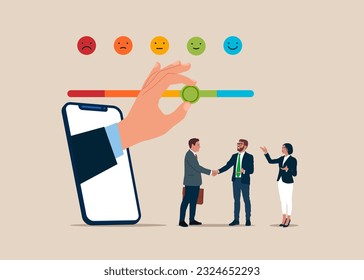 Through the smartphone  pull the arrow to make bar to be excellent smile. Corporate customer feedback with two businessmen doing handshake. Customer feedback, quality from product.