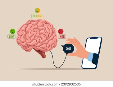 Through the smartphone pull the hand turn off awareness. Turns on the brain switch. Emotional intelligence. Flat vector illustration