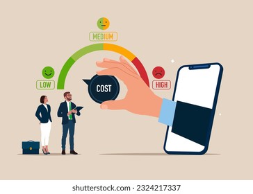 A través del smartphone tire de la mano girando el dial de costos a un nivel bajo. Reducción de costos y eficiencia.  Ilustración vectorial plana