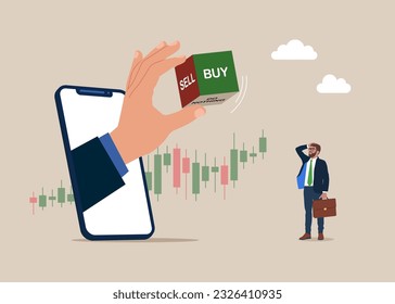Through the smartphone rolling dice with buy or sell, crypto currency, investment in volatile stock market. Vector illustration.