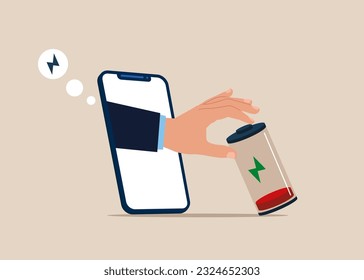 A través del smartphone se intentó evitar que se cayera una gran batería. Pelea en el trabajo. Recarga energía tú mismo. Ilustración vectorial plana