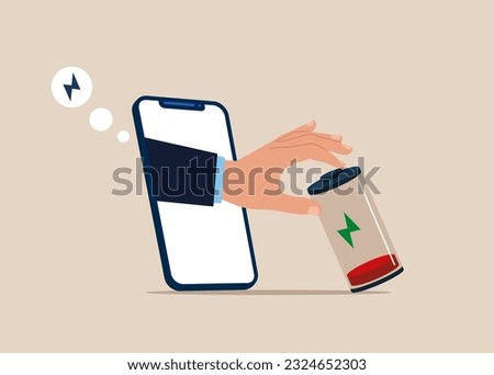 Through the smartphone tried to prevent a large battery from falling over it. Fight burnout at work. Recharge energy yourself. Flat vector illustration