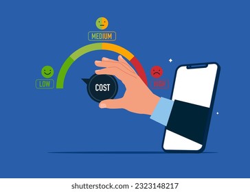 Through the smartphone  turning cost dial to a low. Flat vector illustration