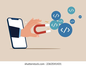 A través del smartphone utilizando imán para magnetizar el programa de codificación. API.  Codificación para intercambiar información.Ilustración vectorial