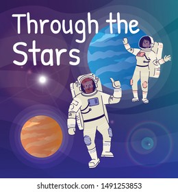 Through stars social media post mockup. Cosmonauts in space. Gas giants. Advertising web banner design template. Social media booster, content layout. Promotion poster, print ads, flat illustrations