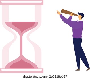 Through a telescope, the boy observes the hourglass: sands drifting, relentless, measuring time's passage with precision