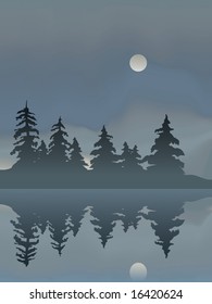 Through thick fog the Moon rise over stand pine trees  This file contains Adobe Illustrator Gradient Mesh 
