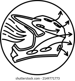 Through ventilation in a motorcycle or bicycle helmet. Vector round black and white icon with thin lines isolated on transparent background. Line thickness editable