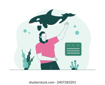 Through virtual reality glasses a woman can see orca whales in the sea, meta verse vector illustration.