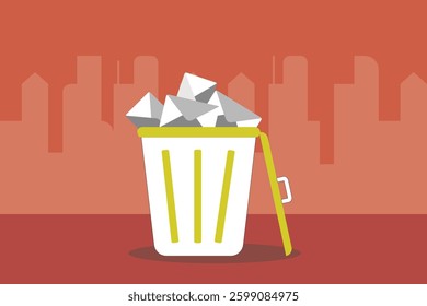 Throw away email and data into full of junk idea in basket bin. concept of Cleaning digital memory, cleaning e-mail, remove spam