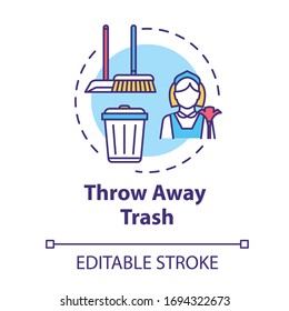 Throw away trash concept icon. Housework and cleanliness. Cleaning house. Put garbage in bin. Housekeeping work idea thin line illustration. Vector isolated outline RGB color drawing. Editable stroke
