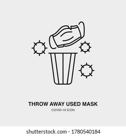 Throw Away Used Mask Line Icon on Isolated Background. COVID-19, Corona Virus, Healthcare, Infection Concept Icon.