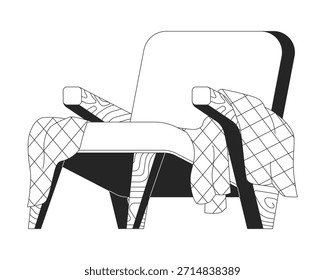 Lanza la manta en el objeto de línea 2D del sillón. Sillón drapeado acogedor para la sala de estar. Comodidad de muebles para el hogar. Asiento tapizado aislado Clipart Vector tinta elemento de contorno. Ilustración de punto monocromo