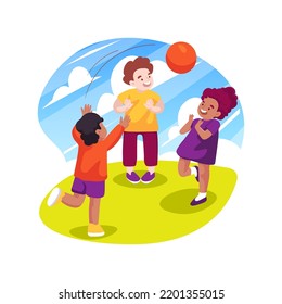 Arrojar y atrapar juegos aislados ilustración vectorial de dibujos animados. Los niños juegan un juego, lanzan y atrapan pelota, actividad física, desarrollo de habilidades motoras, educación preescolar, dibujos animados de vectores de cuidado diurno.