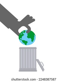Throw Earth in trash. Hand throws Planet Earth into trash can.
