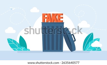 Throw fake news in the trash. Throw fake news in the bin. Trash can. Informational garbage. Information noise, hoax, disinformation, conspirators telling false news. Vector illustration