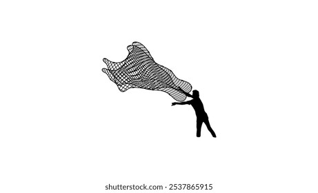 throw fishing net, black isolated silhouette 