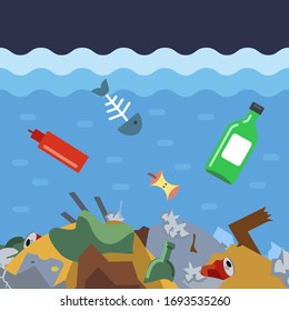 throw garbage to the bottom of the ocean. ecological disaster in the water. flat vector illustration.