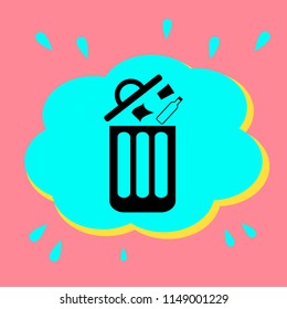 Throw garbage in a bucket. Black icon in a bubble on a pink background. Vector