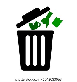 Throw glass waste in the bin or trash can with black colour flat design element style. trash can clip art stock vector illustration