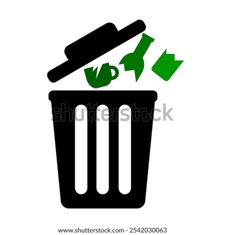 Throw glass waste in the bin or trash can with black colour flat design element style. trash can clip art stock vector illustration