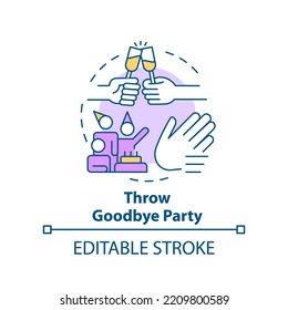 Throw goodbye party concept icon. Farewell celebration. Adieu get together abstract idea thin line illustration. Isolated outline drawing. Editable stroke. Arial, Myriad Pro-Bold fonts used