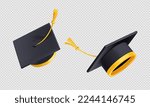 Throw up graduation caps in air. Flying black academic hats with yellow rope tassel isolated on transparent background, 3d vector illustration, angle view