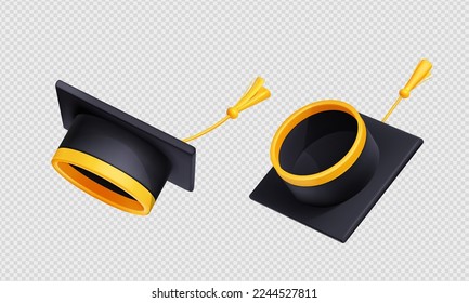 Throw up graduation caps in air. Flying black academic hats with yellow rope tassel isolated on transparent background, 3d vector illustration, angle view